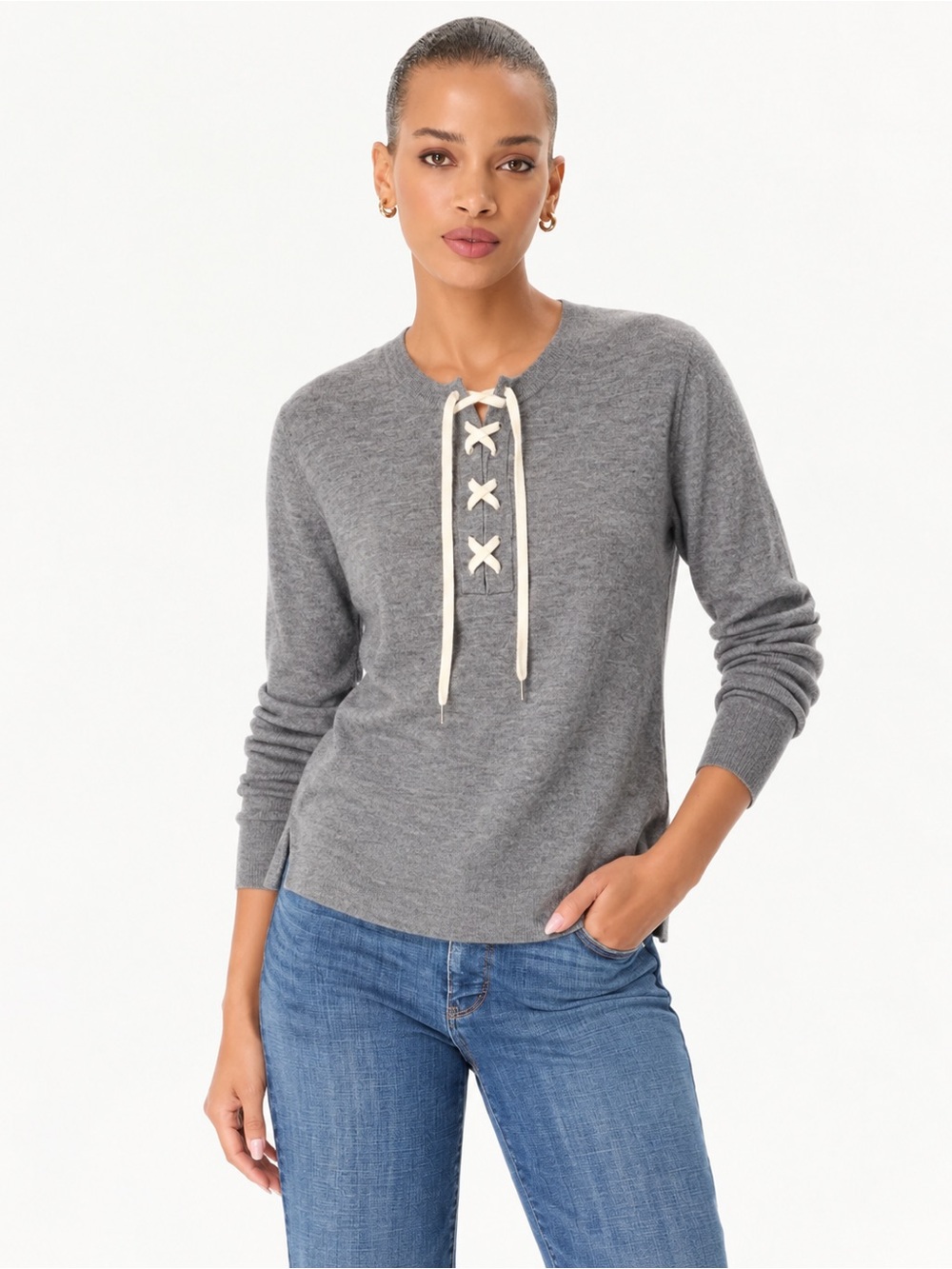 Splendid Lace Up Pullover Cashmere Long Sleeve Soft Gray 217